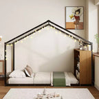 Lit Cabane en Métal pour Enfants, Cadre de Lit au Sol avec Étagères et Lumières pour Enfants et Adultes