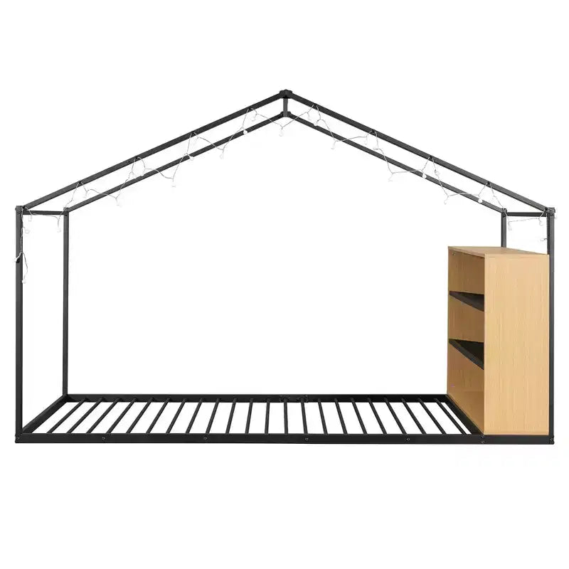 Lit Cabane en Métal pour Enfants, Cadre de Lit au Sol avec Étagères et Lumières pour Enfants et Adultes