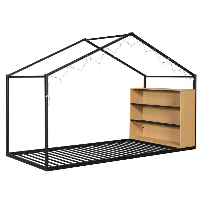 Lit Cabane en Métal pour Enfants, Cadre de Lit au Sol avec Étagères et Lumières pour Enfants et Adultes