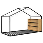 Lit Cabane en Métal pour Enfants, Cadre de Lit au Sol avec Étagères et Lumières pour Enfants et Adultes