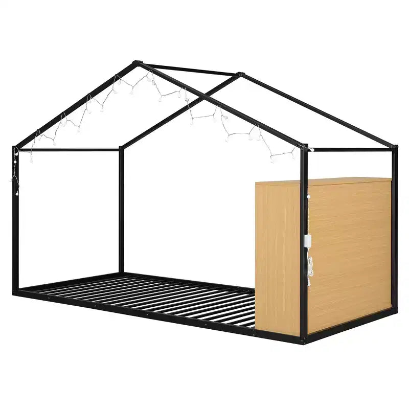 Lit Cabane en Métal pour Enfants, Cadre de Lit au Sol avec Étagères et Lumières pour Enfants et Adultes