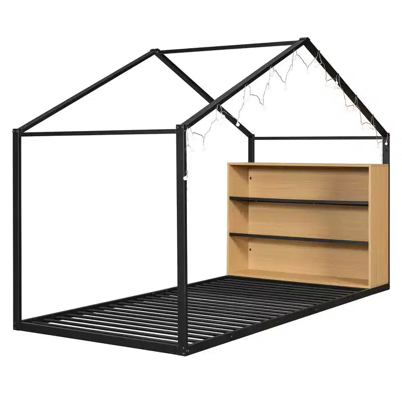 Lit Cabane en Métal pour Enfants, Cadre de Lit au Sol avec Étagères et Lumières pour Enfants et Adultes