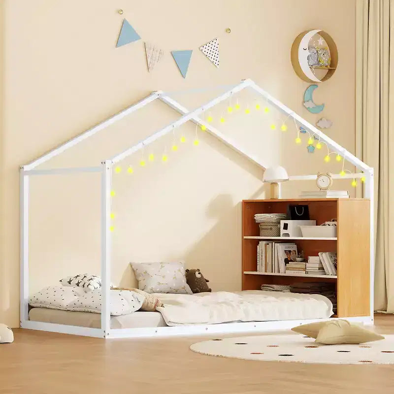 Lit Cabane en Métal pour Enfants, Cadre de Lit au Sol avec Étagères et Lumières pour Enfants et Adultes