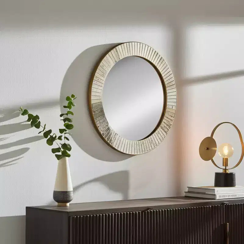 Miroir rond avec cadre texturé - Fini doré métallique - Style moderne pour la décoration murale de la maison, du bureau, de la chambre ou du salon