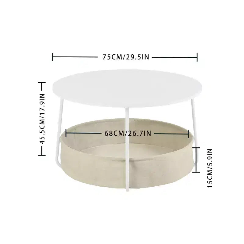 FurnitureR Table Basse Ronde à 2 Niveaux avec Panier de Rangement en Tissu, Table d'Appoint Centrale Moderne de 75 cm pour Salon Chambre Bureau, Blanc/Chameau