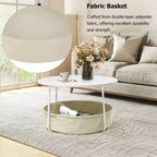 FurnitureR Table Basse Ronde à 2 Niveaux avec Panier de Rangement en Tissu, Table d'Appoint Centrale Moderne de 75 cm pour Salon Chambre Bureau, Blanc/Chameau