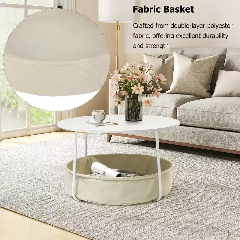 FurnitureR Table Basse Ronde à 2 Niveaux avec Panier de Rangement en Tissu, Table d'Appoint Centrale Moderne de 75 cm pour Salon Chambre Bureau, Blanc/Chameau