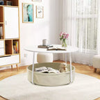 FurnitureR Table Basse Ronde à 2 Niveaux avec Panier de Rangement en Tissu, Table d'Appoint Centrale Moderne de 75 cm pour Salon Chambre Bureau, Blanc/Chameau