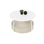 FurnitureR Table Basse Ronde à 2 Niveaux avec Panier de Rangement en Tissu, Table d'Appoint Centrale Moderne de 75 cm pour Salon Chambre Bureau, Blanc/Chameau