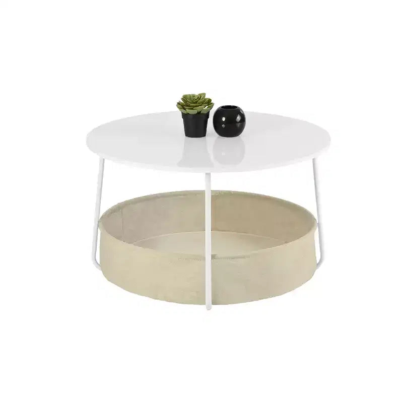 FurnitureR Table Basse Ronde à 2 Niveaux avec Panier de Rangement en Tissu, Table d'Appoint Centrale Moderne de 75 cm pour Salon Chambre Bureau, Blanc/Chameau