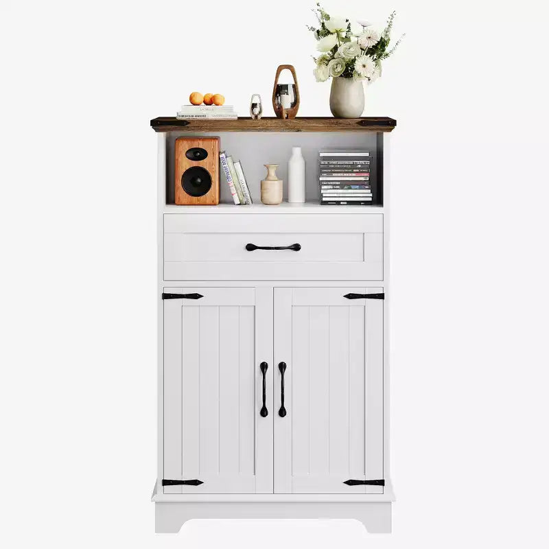 Meuble de Salle de Bain GustoWave avec Portes et Tiroirs, Armoire de Rangement Autoportante avec Texture Bois