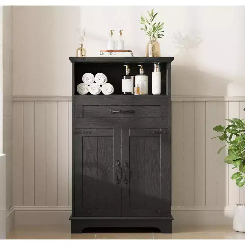 Meuble de Salle de Bain GustoWave avec Portes et Tiroirs, Armoire de Rangement Autoportante avec Texture Bois