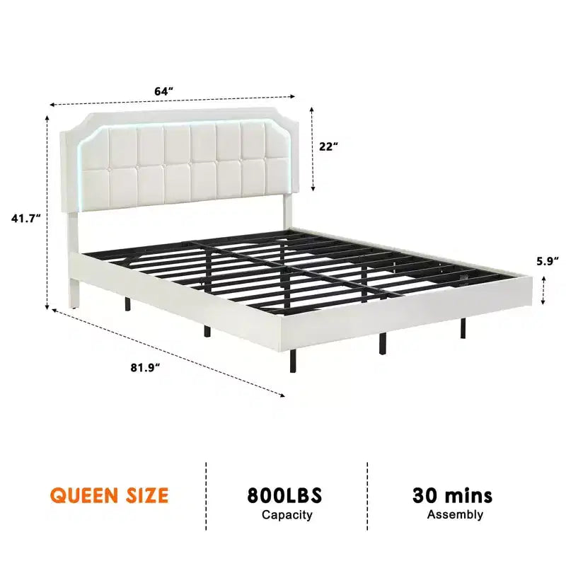 Lit plateforme flottant TruAIR Queen avec tête de lit réglable, revêtement en tissu, cadre en métal, sommier tapissier non requis, assemblage rapide, blanc