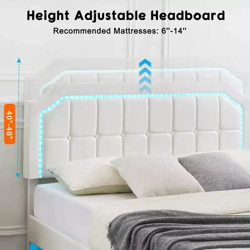 Lit plateforme flottant TruAIR Queen avec tête de lit réglable, revêtement en tissu, cadre en métal, sommier tapissier non requis, assemblage rapide, blanc