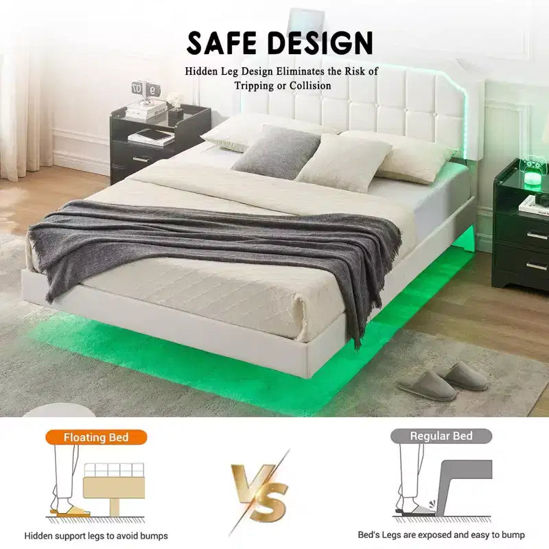 Lit plateforme flottant TruAIR Queen avec tête de lit réglable, revêtement en tissu, cadre en métal, sommier tapissier non requis, assemblage rapide, blanc