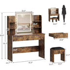 Coiffeuse Acekool avec miroir éclairé, tabouret, prise de courant, 6 étagères, 2 grands tiroirs, LED réglable 3 couleurs, coiffeuse de maquillage pour chambre à coucher,