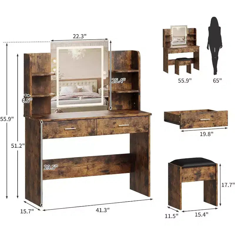 Coiffeuse Acekool avec miroir éclairé, tabouret, prise de courant, 6 étagères, 2 grands tiroirs, LED réglable 3 couleurs, coiffeuse de maquillage pour chambre à coucher,