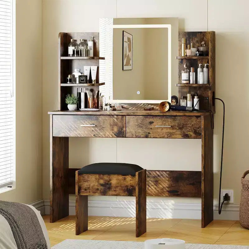 Coiffeuse Acekool avec miroir éclairé, tabouret, prise de courant, 6 étagères, 2 grands tiroirs, LED réglable 3 couleurs, coiffeuse de maquillage pour chambre à coucher,