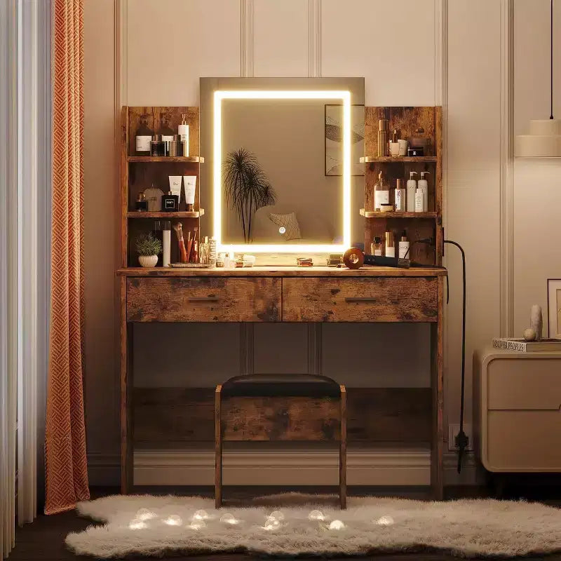 Coiffeuse Acekool avec miroir éclairé, tabouret, prise de courant, 6 étagères, 2 grands tiroirs, LED réglable 3 couleurs, coiffeuse de maquillage pour chambre à coucher,