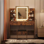 Coiffeuse Acekool avec miroir éclairé, tabouret, prise de courant, 6 étagères, 2 grands tiroirs, LED réglable 3 couleurs, coiffeuse de maquillage pour chambre à coucher,