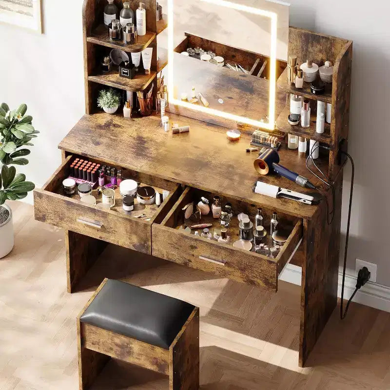 Coiffeuse Acekool avec miroir éclairé, tabouret, prise de courant, 6 étagères, 2 grands tiroirs, LED réglable 3 couleurs, coiffeuse de maquillage pour chambre à coucher,