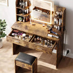 Coiffeuse Acekool avec miroir éclairé, tabouret, prise de courant, 6 étagères, 2 grands tiroirs, LED réglable 3 couleurs, coiffeuse de maquillage pour chambre à coucher,