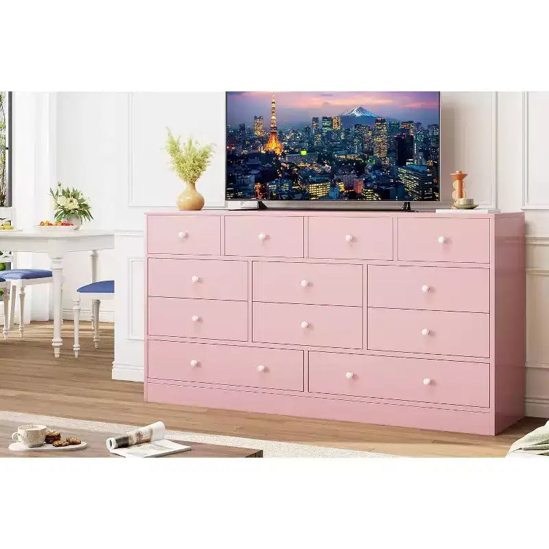 Commode à 12 tiroirs, meuble TV de 155 cm de long avec station de recharge, grands tiroirs en bois pour chambre à coucher, placard, salon, rose