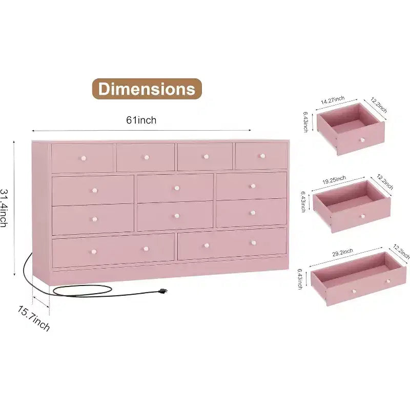 Commode à 12 tiroirs, meuble TV de 155 cm de long avec station de recharge, grands tiroirs en bois pour chambre à coucher, placard, salon, rose