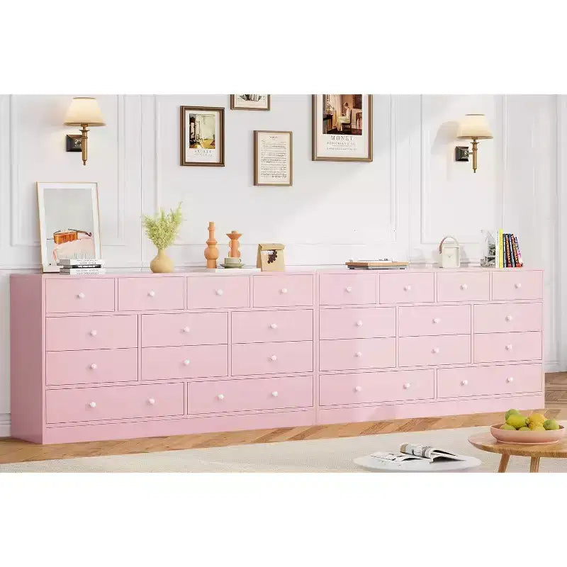 Commode à 12 tiroirs, meuble TV de 155 cm de long avec station de recharge, grands tiroirs en bois pour chambre à coucher, placard, salon, rose