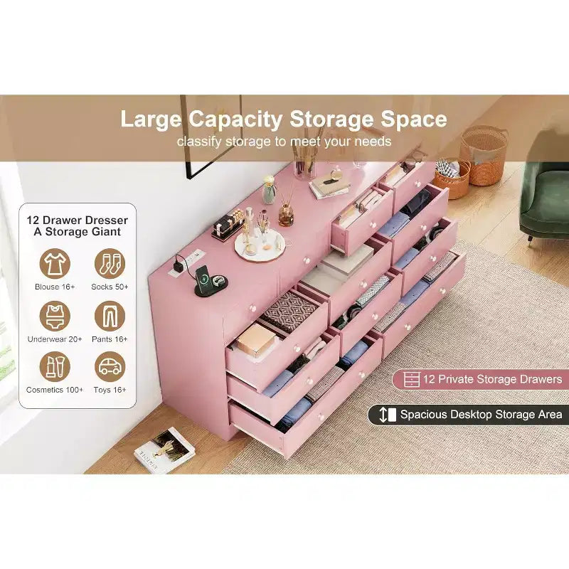 Commode à 12 tiroirs, meuble TV de 155 cm de long avec station de recharge, grands tiroirs en bois pour chambre à coucher, placard, salon, rose
