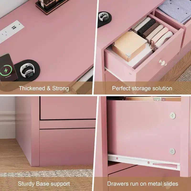 Commode à 12 tiroirs, meuble TV de 155 cm de long avec station de recharge, grands tiroirs en bois pour chambre à coucher, placard, salon, rose