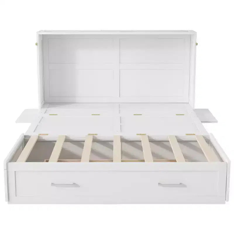 Lit escamotable Queen Size avec tiroir de rangement, lit pliant avec étagères pour chambre d'amis, chambre à coucher, bureau, blanc