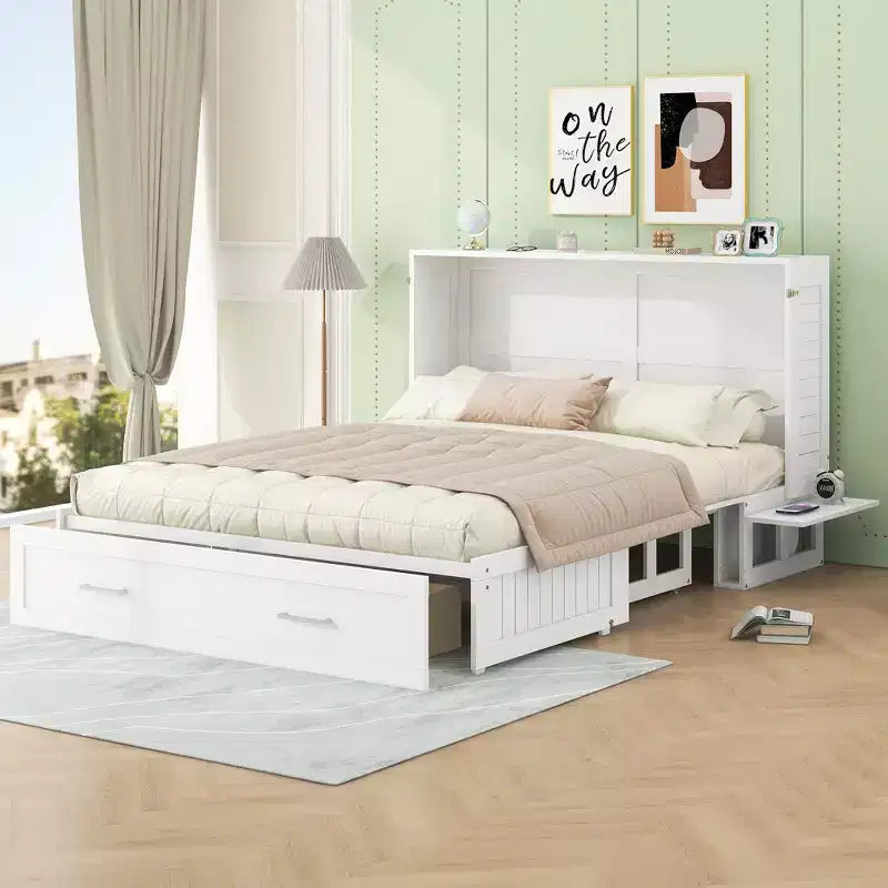 Lit escamotable Queen Size avec tiroir de rangement, lit pliant avec étagères pour chambre d'amis, chambre à coucher, bureau, blanc