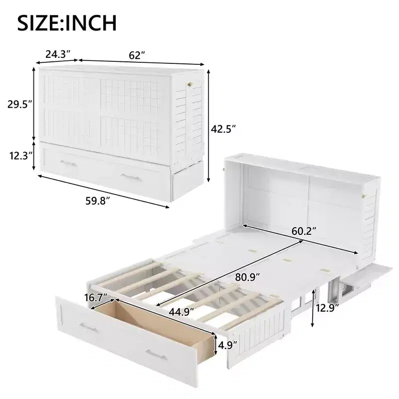 Lit escamotable Queen Size avec tiroir de rangement, lit pliant avec étagères pour chambre d'amis, chambre à coucher, bureau, blanc