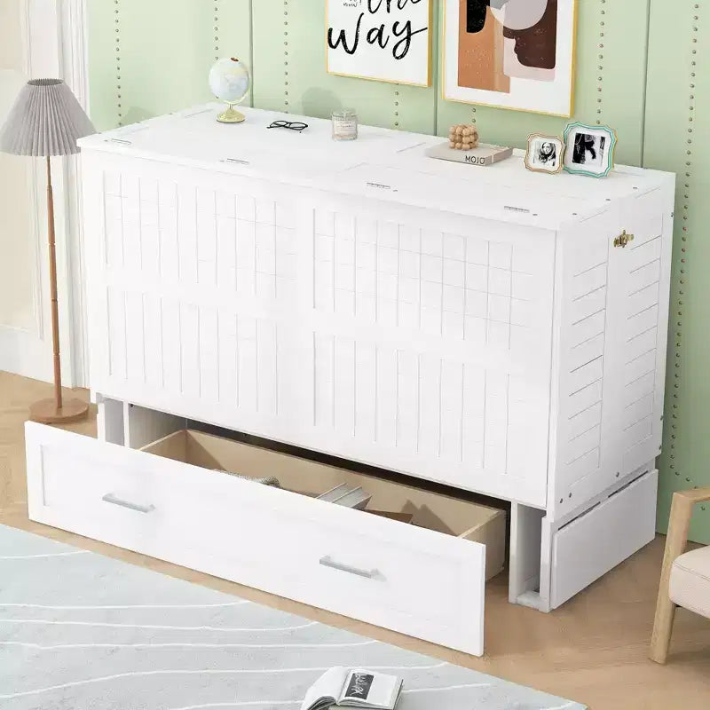 Lit escamotable Queen Size avec tiroir de rangement, lit pliant avec étagères pour chambre d'amis, chambre à coucher, bureau, blanc