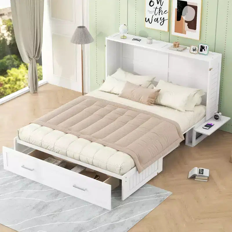 Lit escamotable Queen Size avec tiroir de rangement, lit pliant avec étagères pour chambre d'amis, chambre à coucher, bureau, blanc