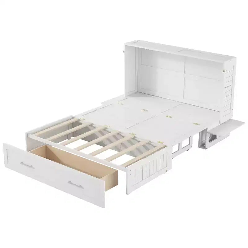 Lit escamotable Queen Size avec tiroir de rangement, lit pliant avec étagères pour chambre d'amis, chambre à coucher, bureau, blanc