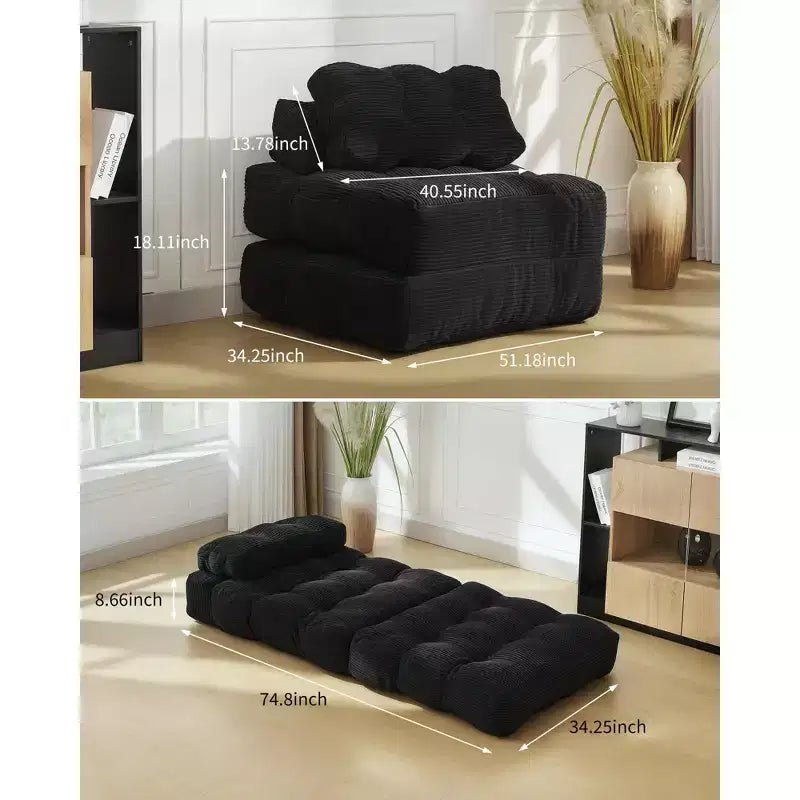 Canapé-lit convertible pliant 3-en-1 avec oreiller Matelas pliable avec dossier, Chaise longue portable confortable Canapé de sol pour salon
