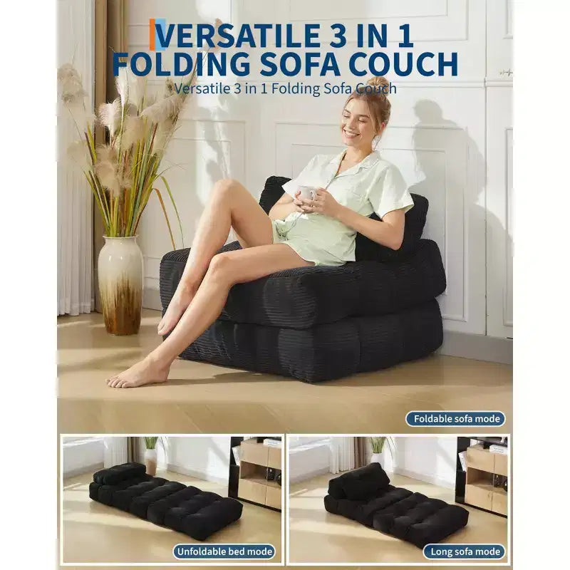 Canapé-lit convertible pliant 3-en-1 avec oreiller Matelas pliable avec dossier, Chaise longue portable confortable Canapé de sol pour salon