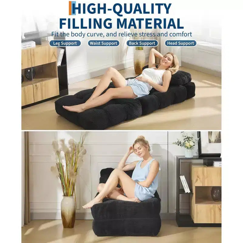 Canapé-lit convertible pliant 3-en-1 avec oreiller Matelas pliable avec dossier, Chaise longue portable confortable Canapé de sol pour salon