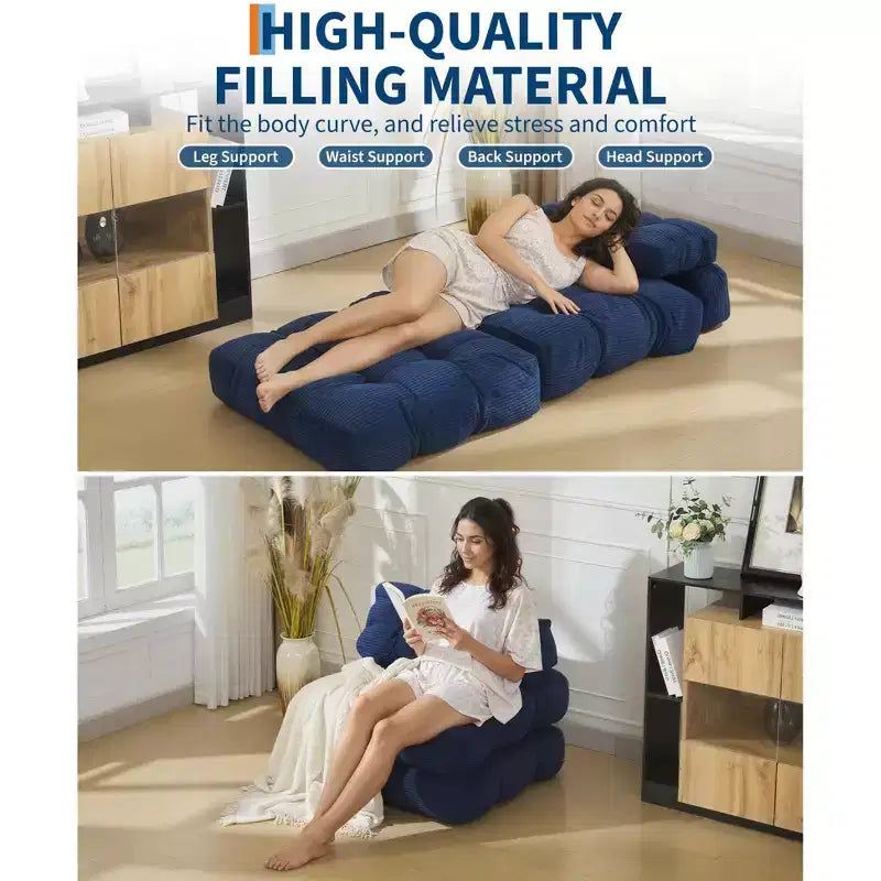 Canapé-lit convertible pliant 3-en-1 avec oreiller Matelas pliable avec dossier, Chaise longue portable confortable Canapé de sol pour salon