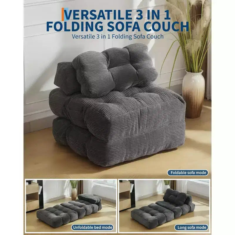 Canapé-lit convertible pliant 3-en-1 avec oreiller Matelas pliable avec dossier, Chaise longue portable confortable Canapé de sol pour salon