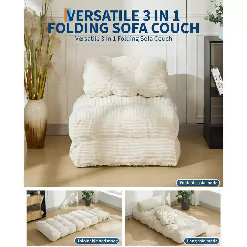 Canapé-lit convertible pliant 3-en-1 avec oreiller Matelas pliable avec dossier, Chaise longue portable confortable Canapé de sol pour salon