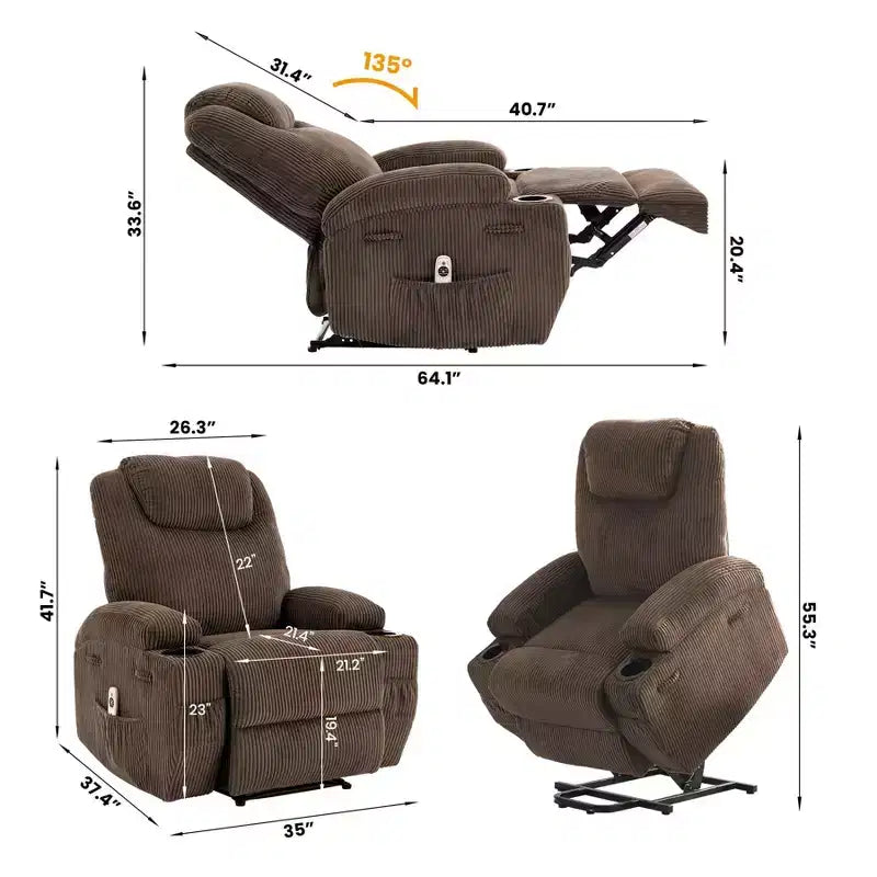 Fauteuil inclinable électrique avec fonction releveur pour personnes âgées, canapé inclinable électrique pour salon avec massage et chauffage, poches latérales et 2 porte-gobelets