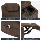 Fauteuil inclinable électrique avec fonction releveur pour personnes âgées, canapé inclinable électrique pour salon avec massage et chauffage, poches latérales et 2 porte-gobelets