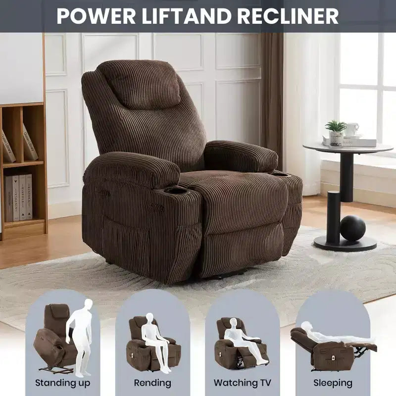 Fauteuil inclinable électrique avec fonction releveur pour personnes âgées, canapé inclinable électrique pour salon avec massage et chauffage, poches latérales et 2 porte-gobelets