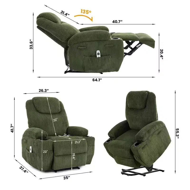 Fauteuil inclinable électrique avec fonction releveur pour personnes âgées, canapé inclinable électrique pour salon avec massage et chauffage, poches latérales et 2 porte-gobelets