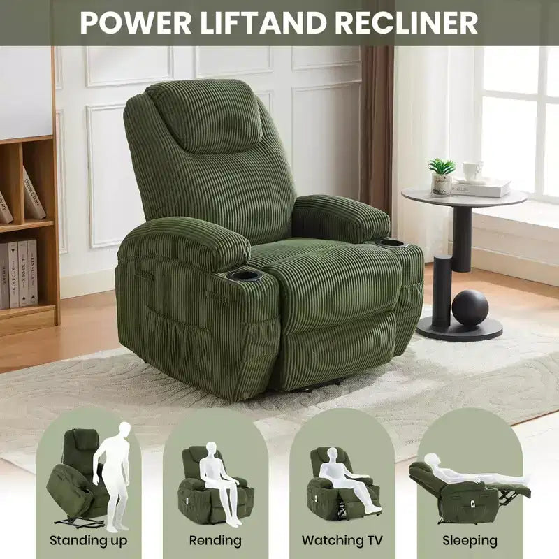 Fauteuil inclinable électrique avec fonction releveur pour personnes âgées, canapé inclinable électrique pour salon avec massage et chauffage, poches latérales et 2 porte-gobelets