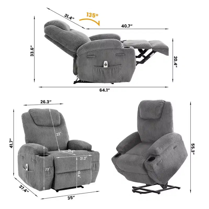 Fauteuil inclinable électrique avec fonction releveur pour personnes âgées, canapé inclinable électrique pour salon avec massage et chauffage, poches latérales et 2 porte-gobelets