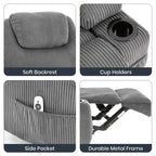 Fauteuil inclinable électrique avec fonction releveur pour personnes âgées, canapé inclinable électrique pour salon avec massage et chauffage, poches latérales et 2 porte-gobelets